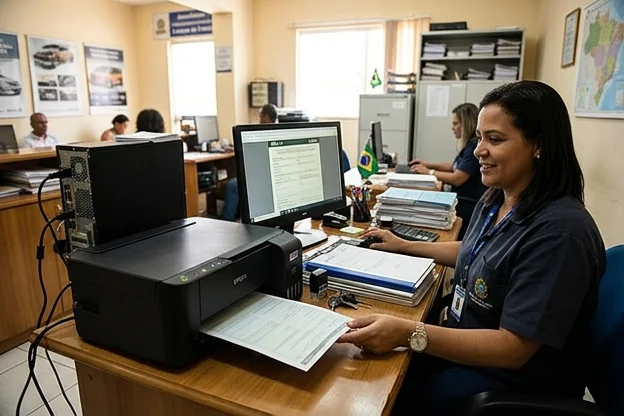 Computador exibindo CRLV-e durante impressão em um despachante.
