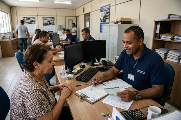 Profissional orientando cliente sobre transferência de veículo.